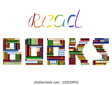 Phrase "Read Books" with word "books" made of piles of books. Vector illustration.