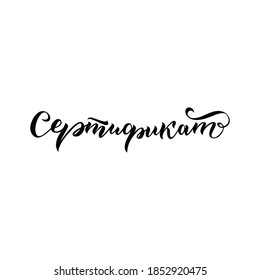 La frase en ruso "Certificado". Caligrafía de mano con pluma de broche. Grabado de la mano del vector.