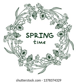 phrase spring time and flower wreath on the white background isolated
