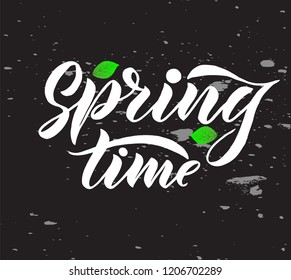 Phrase Spring Time with green leaves on chalkboard . Vector season quote. Hand lettering, typographic element for your design. Print for T-shirts, bags, posters, invitations, cards, pillows.