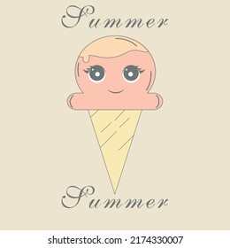 Phrase  summer. Funny Ice cream Vector illustration.