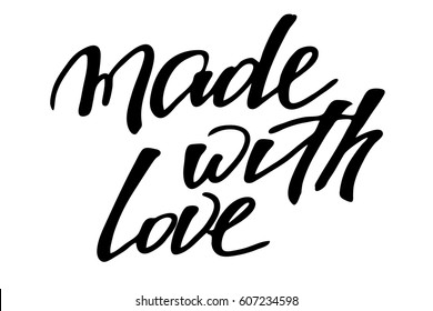 Phrase text label handwriting made with love handwritten black text isolated on white background, vector. Words are on the different layers