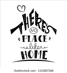 Phrase There's no place like home. Hand drawn lettering in shape of house. Inspirational quote. 