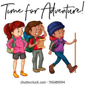 Phrase time for adventure with group of hikers illustration