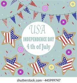 The phrase USA Independence Day 4th of July on the white circle and many stars and little flags on the blue background.