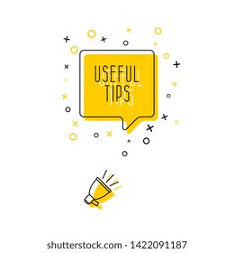 phrase 'useful tips' in speech bubble and megaphone on white background. flat thin line vector illustration with yellow elements. modern banner and poster business, marketing concept template. eps 10