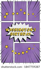 Phrase "WASHINGTON'S BIRTHDA" in vintage comics speech bubble on a background with radial lines and halftone dots. Holiday banner design template in retro pop art style. Vector illustration eps10
