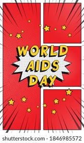 Phrase "WORLD AIDS DAY" in vintage comics speech bubble on a background with radial lines and halftone dots. Holiday banner design template in retro pop art style. Vector illustration eps10