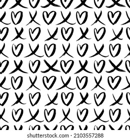 Phrase XO vector seamless pattern with hearts. Typography print for Valentine's day. Modern black brush calligraphy. Trendy texture with symbols of hearts and cross. Modern grunge background