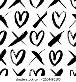 Phrase XO vector seamless pattern with hearts. Typography print for Valentine's day. Modern black brush calligraphy. Trendy texture with symbols of hearts and cross. Modern grunge background