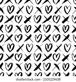 Phrase XO vector seamless pattern with hearts. Typography print for Valentine's day. Modern black brush calligraphy. Trendy texture with symbols of hearts and cross. Modern grunge background