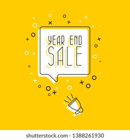 phrase 'year end sale' in white speech bubble and megaphone on yellow background. flat thin line vector illustration. modern banner and poster business, marketing, advertising concept template. eps 10