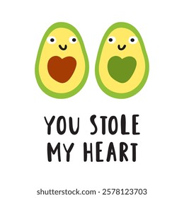 Phrase - you stole my heart. Cute avocados. Nice characters. Hand drawn flat illustration on white background.