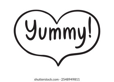 Frase Yummy Mão desenhada doodle isolado clipart no símbolo do coração. Letras bonitas. Modelo para cartão de saudação, design, menu, fast food café. Ilustração vetorial