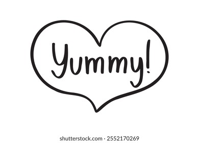 Frase Yummy Mão desenhada doodle isolado clipart no símbolo do coração. Letras bonitas. Modelo para cartão de saudação, design, menu, fast food café. Ilustração vetorial