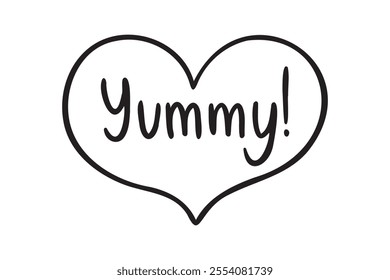 Phrase Yummy Hand drawn doodle isolated clipart in heart symbol. Cute lettering. Template for greeting card, design, menu, fast food cafe. Vector illustration