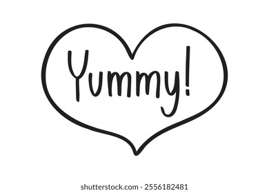 Phrase Yummy Hand drawn doodle isolated clipart in heart symbol. Cute lettering. Template for greeting card, design, menu, fast food cafe. Vector illustration