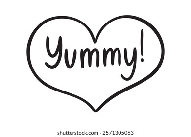 Phrase Yummy Hand drawn doodle isolated clipart in heart symbol. Cute lettering. Template for greeting card, design, menu, fast food cafe. Vector illustration