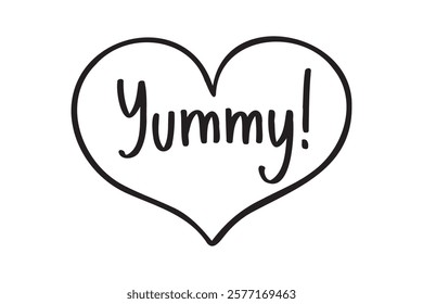 Phrase Yummy Hand drawn doodle isolated clipart in heart symbol. Cute lettering. Template for greeting card, design, menu, fast food cafe. Vector illustration