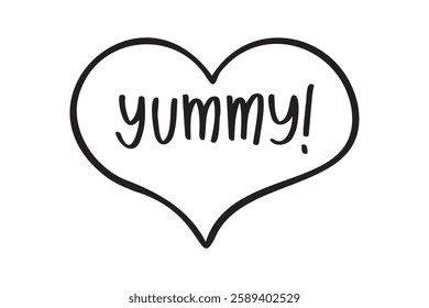 Phrase Yummy Hand drawn doodle isolated clipart in heart symbol. Cute lettering. Template for greeting card, design, menu, fast food cafe. Vector illustration