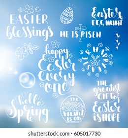 Phrases about Easter. Handwritten lettering set. Modern vector hand drawn calligraphy over abstract sky blurred background for your poster, postcard or greeting card design