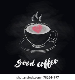 phrases: coffee break, I like coffee, good coffee, on the blackboard, a handmade cup of coffee, a cup of chalk on a black board and a text Cofee Time, a vector