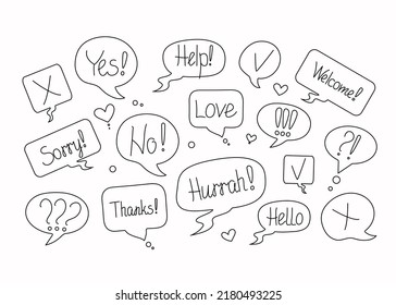 Phrases of conversation in bubbles. Online chat clouds with various words, comments, information forms. Suitable for illustrating reactions. Vector illustration, doodle drawings with text.