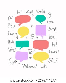 Frases de conversación en burbujas. El chat en línea se nubla con varias palabras, comentarios, formularios de información. Idóneo para ilustrar reacciones. Ilustración vectorial, dibujos de doodle con texto.
