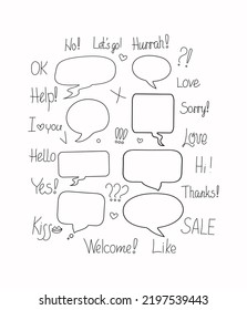 Frases de conversación en burbujas. El chat en línea se nubla con varias palabras, comentarios, formularios de información. Idóneo para ilustrar reacciones. Ilustración vectorial, dibujos de doodle con texto.