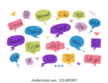 Phrases of conversation in bubbles. Online chat clouds with various words, comments, information forms. Suitable for illustrating reactions. Vector illustration, doodle drawings with text.