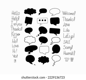 Phrases of conversation in bubbles. Online chat clouds with various words, comments, information forms. Suitable for illustrating reactions. Vector illustration, doodle drawings with text.
