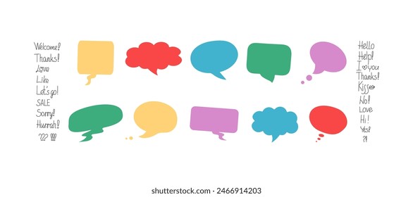 Phrases of conversation in bubbles. Online chat clouds with various words, comments, information forms. Suitable for illustrating reactions. Vector illustration, doodle drawings with text.