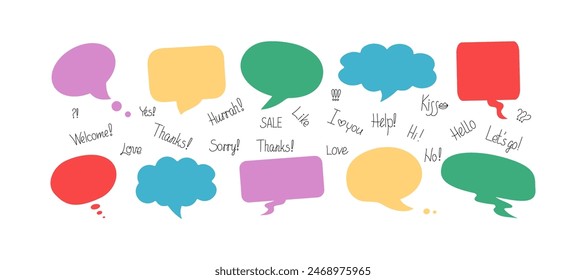 Phrases conversation in bubbles. Online chat clouds with various words, comments, information forms. Suitable for illustrating reactions. Vector illustration, doodle drawings with text.