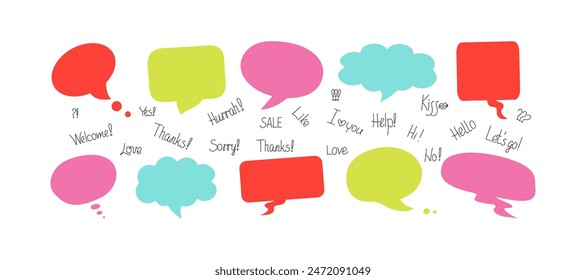 Phrases conversation in bubbles. Online chat clouds with various words, comments, information forms. Suitable for illustrating reactions. Vector illustration, doodle drawings with text.