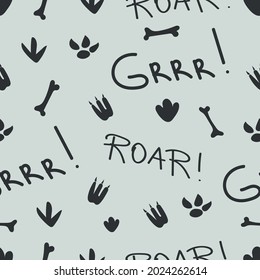 Frases Grrrr y Roar , pata de dinosaurio, huesos y elementos de doodle en un patrón sin fisuras al estilo escandinavo. Diseño infantil para ropa de bebé, ropa de cama, textiles, papel impreso, papel pintado.