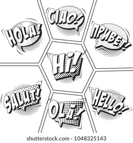 phrases hi, hello, privet, ola, hola, ciao, salut in comic speech bubbles with strong and halftone dotted shadows in multigonal panels