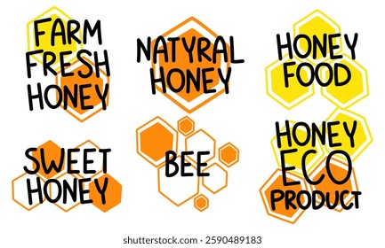 Phrases on colored background of hexagons. Symbols of honeycomb honey, spot, with an inscription. Orange, yellow outline and spot. marketing purposes, designation of product containing a honey product