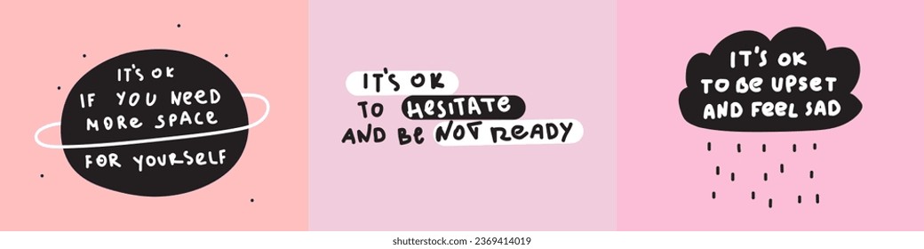 Phrases on pink backgrounds about mental health. Vector design. Lettering. Best for social media. 