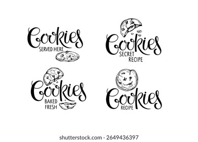 Phrases for production and sale of cookies. Cookies lettering. Black-white sketch illustration. Text with hand drawn elements. Typography poster with Hand written brush calligraphy quotes. Dessert.