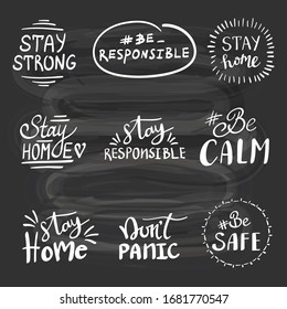 Phrases stay home and responsible doodle lettering hand drawn set