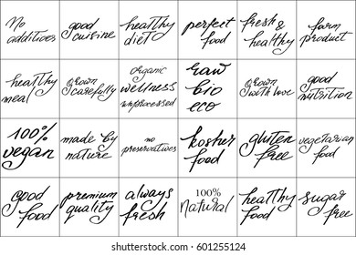 Phrases text label food handwriting set of 28 phrases for healthy food and natural products. Handwritten black text isolated on white background, vector. Each phrase is on the separate layer.