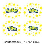 phrases written in a cartoon game style yellow color with blue stroke. sale discount 50%,70%,30% surround with yellow star.