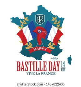 Phrygian cap and flags on the background of the map of France. Happy Bastille Day. Vector illustration.