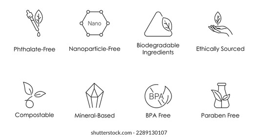 ingredientes libres de ftalato, libres de nanopartículas, biodegradables, de origen ético, compostables, a base de minerales, libres de bpa, sin parabenos conjunto de iconos ilustración vectorial 