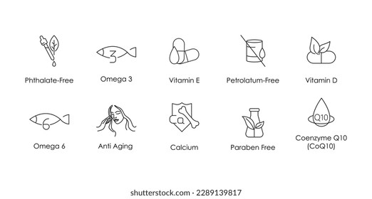 phthalate free, omega 3, vitamin e, petroleum free, vitamin d, omega 6, anti aging, calcium, paraben free, coenzyme 10 icon set vector illustration