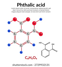 Phthalsäure, organische Verbindung, Molekularstrukturformel, Ball-and-Stick-Modell, geeignet für Ausbildung oder Chemie-Wissenschaftsinhalte. Vektorgrafik