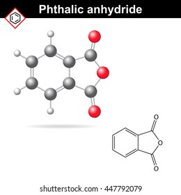 Phthalic anhydride molecule, 2d and 3d illustration isolated on white background, vector formula and model, eps 8