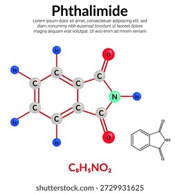 Phthalimid, organische Verbindung, Molekularstrukturformel, Ball-and-Stick-Modell, geeignet für Ausbildung oder Chemie-Wissenschaftsinhalte. Vektorgrafik