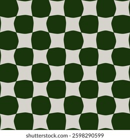 Phthalocyanine green seamless pattern collection. A geometric seamless pattern featuring warped dark green circles and light gray diamond-like shapes, creating a wavy checkerboard effect. The design f