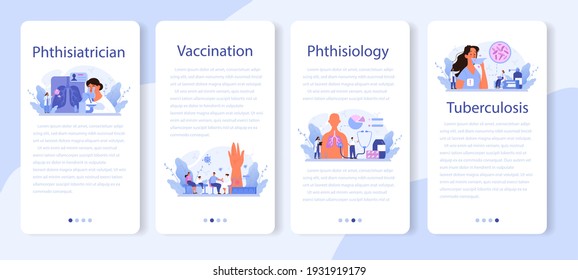 Phthisiatrician mobile application banner set. Human pulmonary system. Idea of health and medical treatment. Tuberculosis specialist checking human lungs. Isolated vector illustration